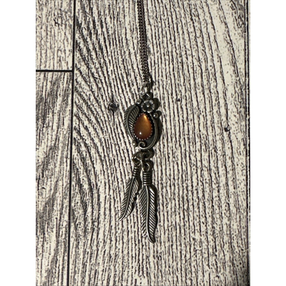 Vintage WM Co Amber Pendant Sterling Flower Leaf Feather 18" Chain Necklace